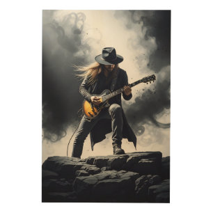 Epic Rock Guitarist Smoke Effect Wood Wall Art