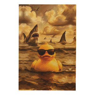 Epic Shark Attack with Brave Rubber Duck Wood Wall Art