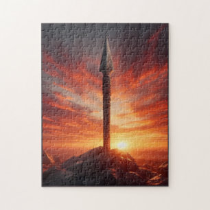 ​Epic Spear in a Mystic Sunset Landscape Jigsaw Puzzle