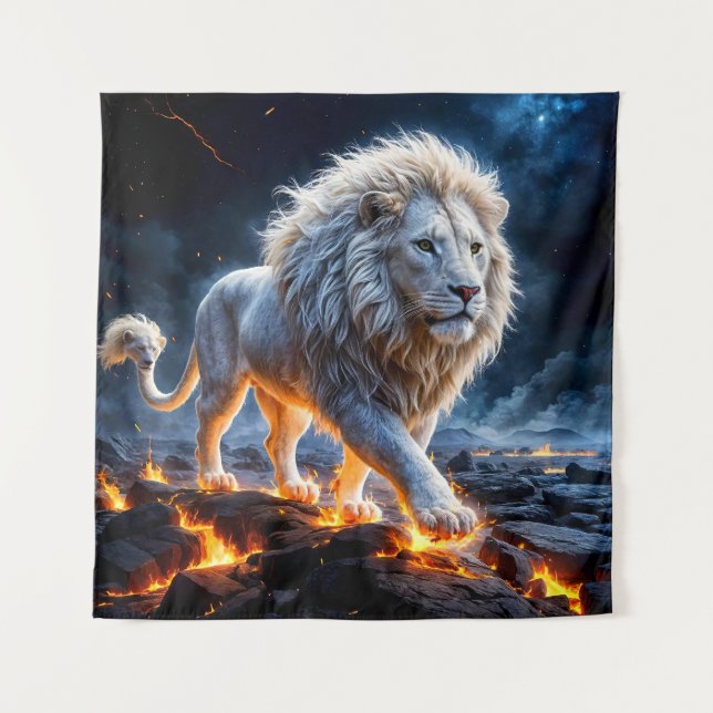 Epic White Lion Made of Flames Tapestry (Front)