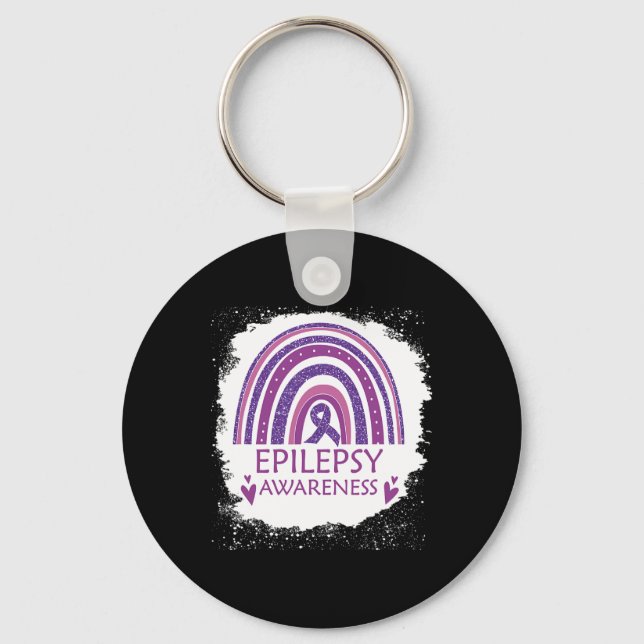 Epilepsy Awareness Bleached Rainbow Purple Ribbon  Keychain (Front)