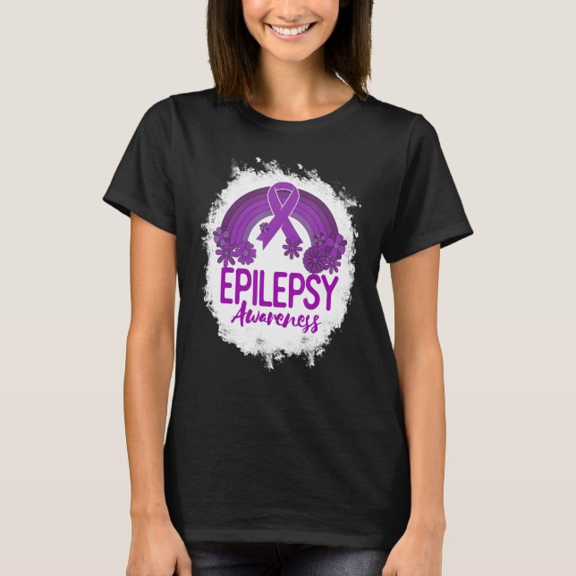 Epilepsy Awareness Bleached Rainbow Purple Ribbon T-Shirt (Front)
