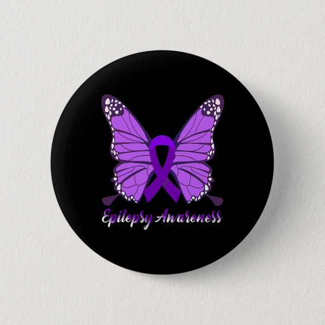 Epilepsy Awareness Butterfly Purple Ribbon Epileps Button (Front)