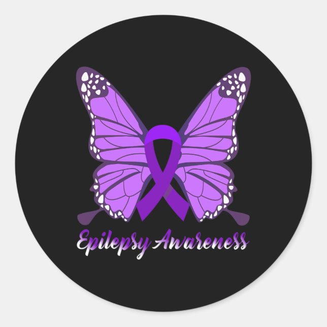 Epilepsy Awareness Butterfly Purple Ribbon Epileps Classic Round Sticker (Front)