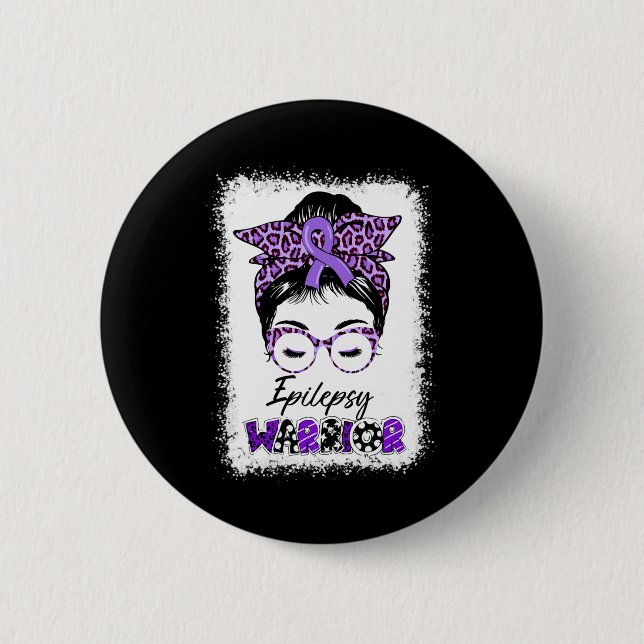 Epilepsy Awareness Messy Bun Warrior Leopard Banda Button (Front)