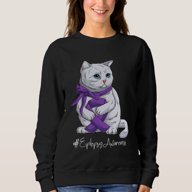 Epilepsy Awareness Month Purple Ribbon Cat Sweatshirt (Front)