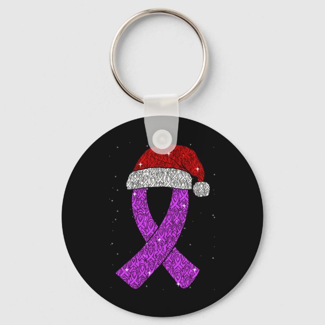 Epilepsy Christmas Hat Purple Awareness Ribbon Sei Keychain (Front)