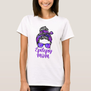 Epilepsy Mom Messy Bun Hair Glasses Bandana Purple T-Shirt