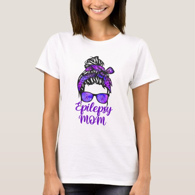 Epilepsy Mom Messy Bun Hair Glasses Bandana Purple T-Shirt (Front)