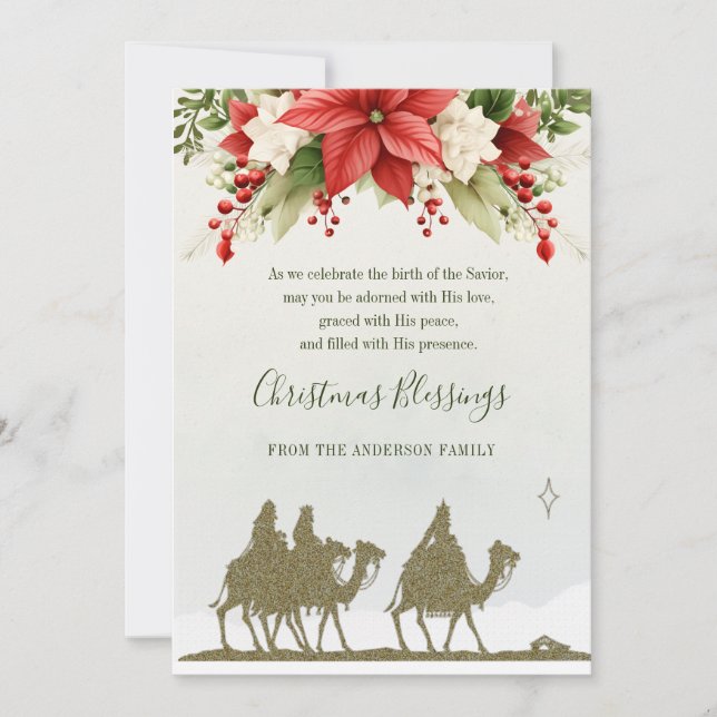 Epiphany Christmas Three Kings Poinsettia  Holiday Card (Front)