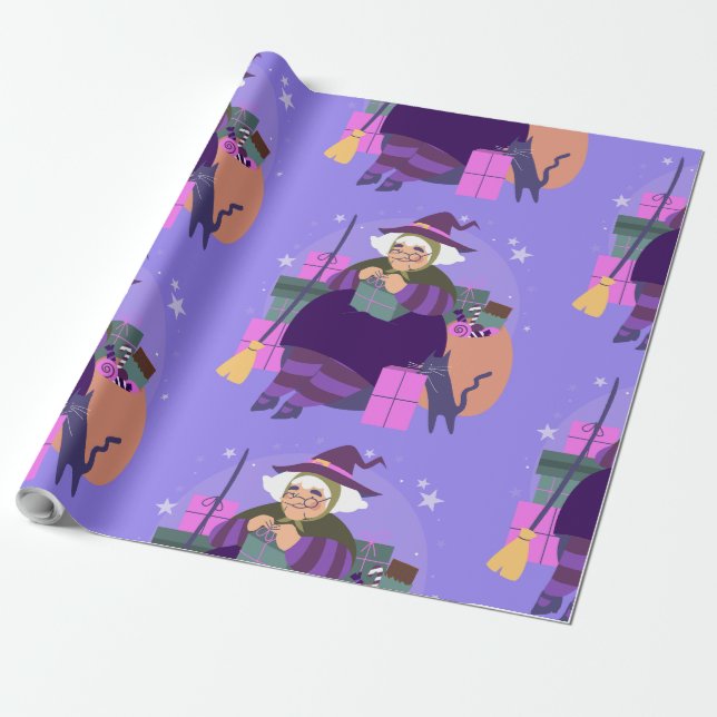 epiphany christmas witch befana black cat  wrapping paper (Unrolled)