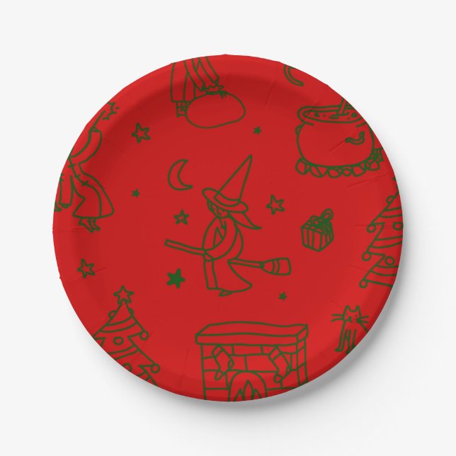 epiphany christmas witch befana red paper plates (Front)