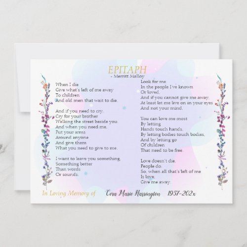 Epitaph Poem Watercolor Memorial Flat Card