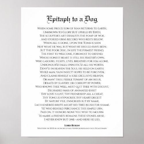 Epitaph to a Dog Lord Byron Poem Poster