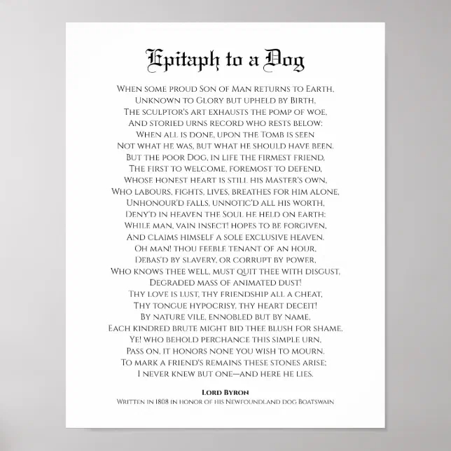 Epitaph to a Dog, Lord Byron Poem Poster Zazzle