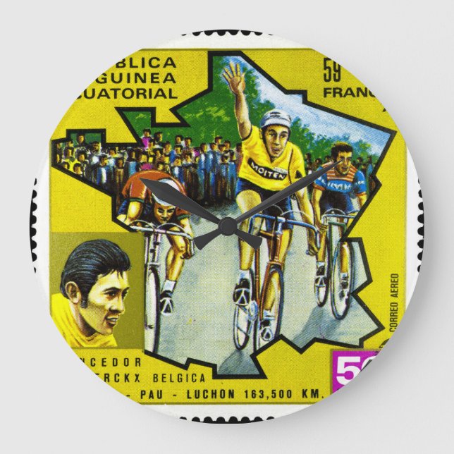 Equatorial Guinea Cyclists Historical Stamp Large Clock (Front)