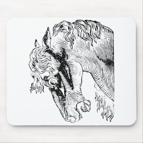 Equestrian Black White Vintage Horse Drawing Black Mouse Pad