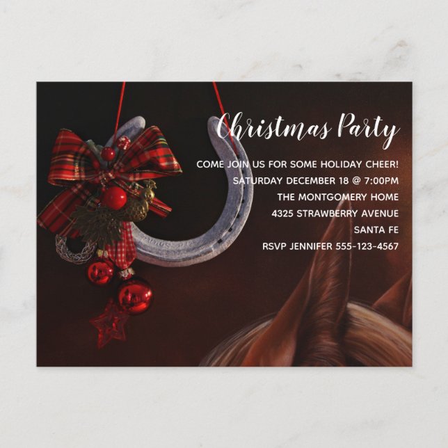 Equestrian Christmas Hanging Horseshoe Party Invitation Postcard (Front)
