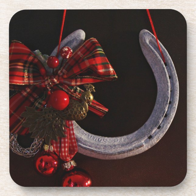 Equestrian Christmas Hanging Horseshoe Photo Beverage Coaster (Front)