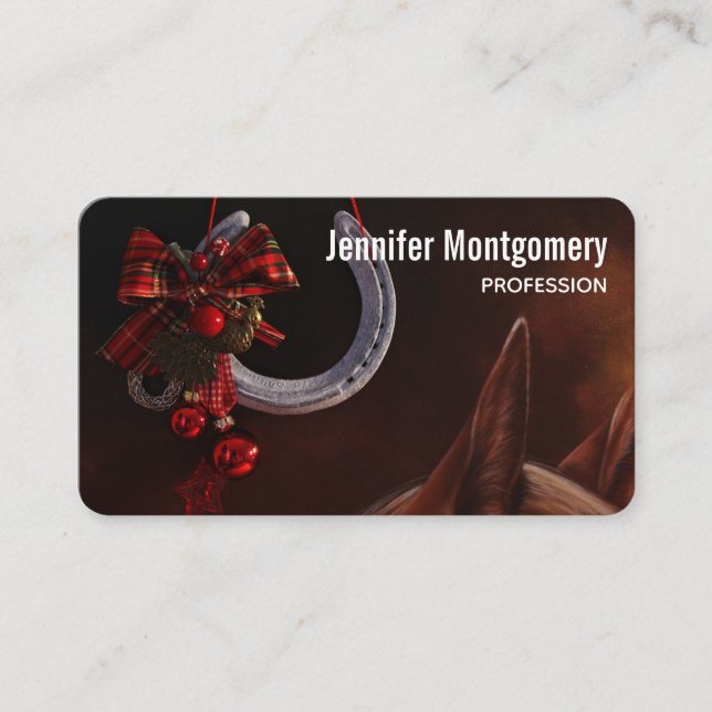 Equestrian Christmas Hanging Horseshoe Photo Business Card (Front)