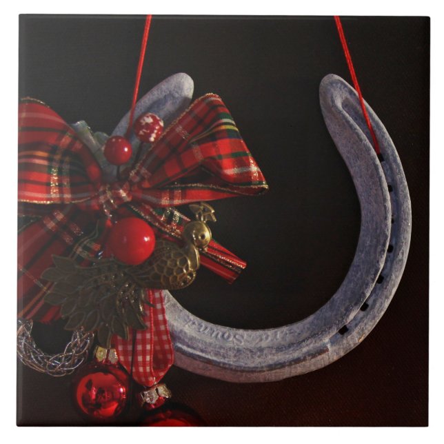 Equestrian Christmas Hanging Horseshoe Photo Ceramic Tile (Front)
