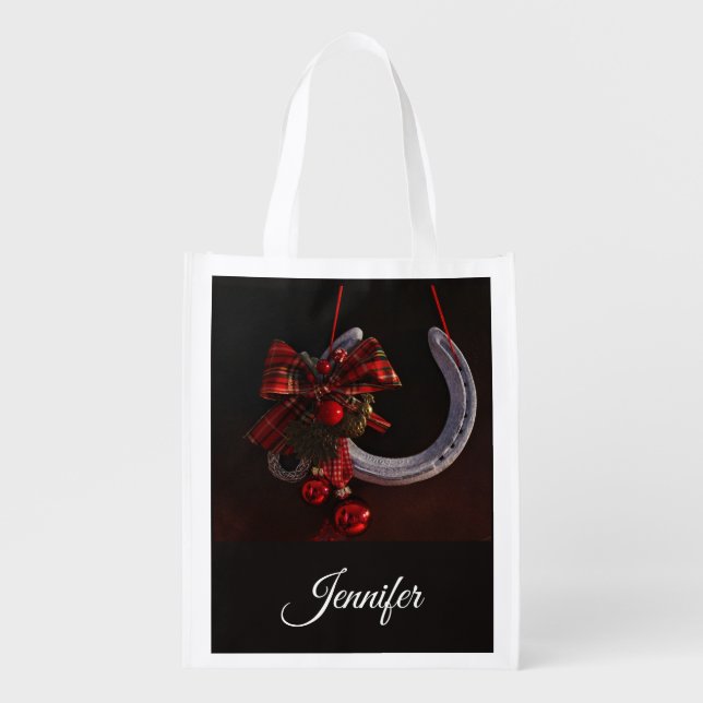 Equestrian Christmas Hanging Horseshoe Photo Grocery Bag (Front)