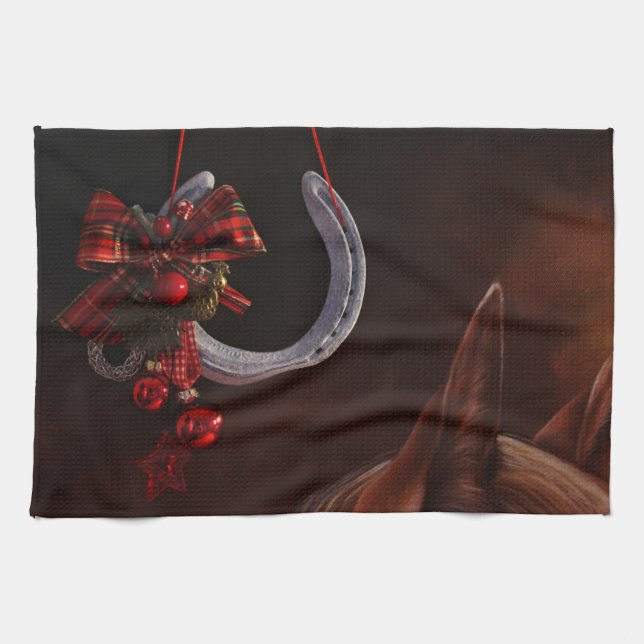 Equestrian Christmas Hanging Horseshoe Photo Kitchen Towel (Horizontal)