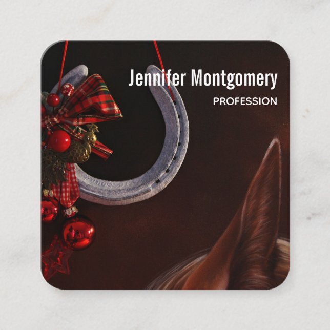 Equestrian Christmas Hanging Horseshoe Photo Square Business Card (Front)