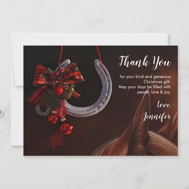 Equestrian Christmas Hanging Horseshoe Photo Thank You Card (Front)