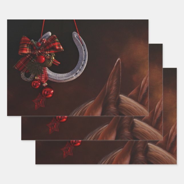 Equestrian Christmas Hanging Horseshoe Photo Wrapping Paper Sheets (Set)
