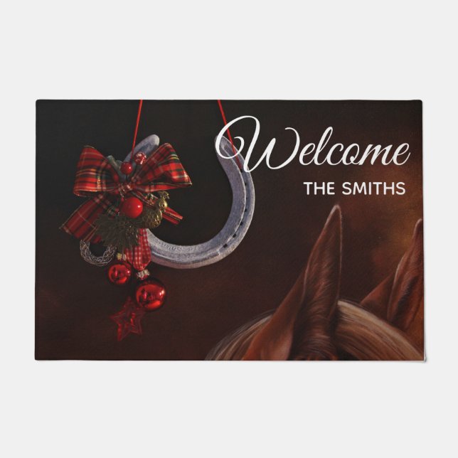 Equestrian Christmas Hanging Horseshoe Welcome Doormat (Front)