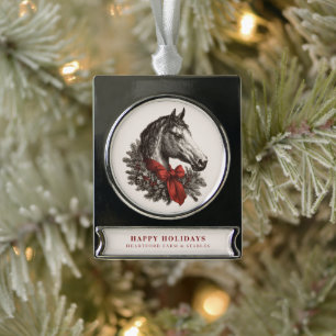 Equestrian Christmas Horse Festive Vintage Holiday Silver Plated Banner Ornament
