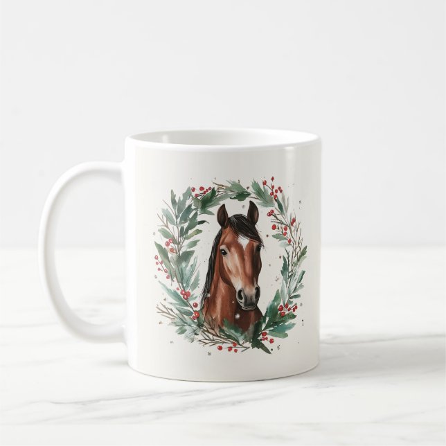 Equestrian Christmas Horse Wreath Calligraphy Name Coffee Mug (Left)