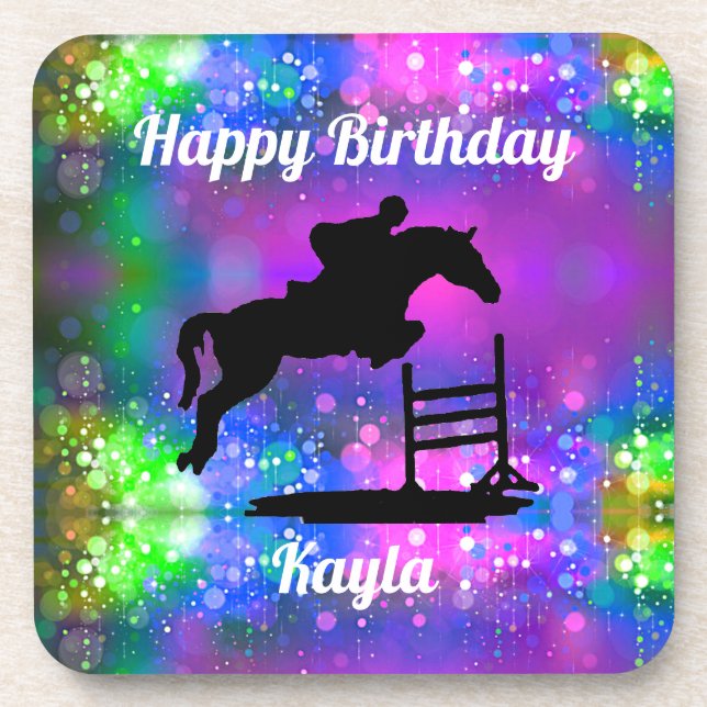 Equestrian Happy Birthday Horse Show Glitter Beverage Coaster (Front)