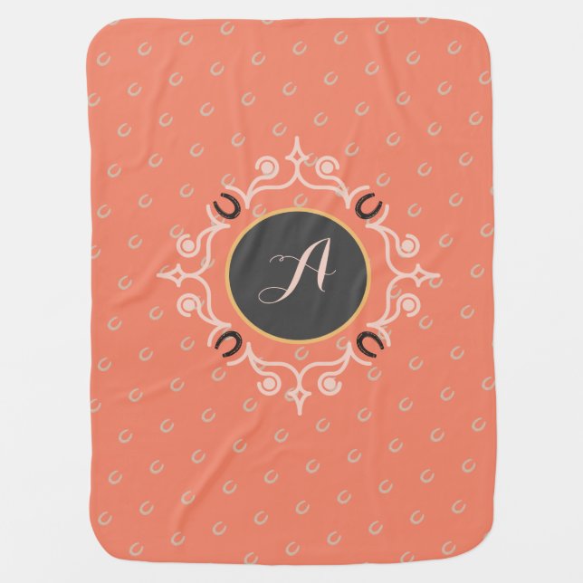 Equestrian Horse Monogram Lucky Horseshoe Pattern Baby Blanket (Front)