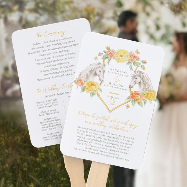 Equestrian horse rose watercolor wedding program hand fan (Creator Uploaded)