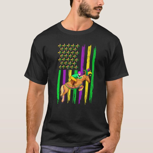 Equestrian Jester Hat Retro American Flag Mardi Gr T-Shirt (Front)