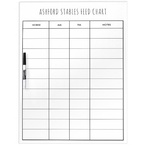Equestrian Lined Horse Feed Chart Care Chart Dry Erase Board