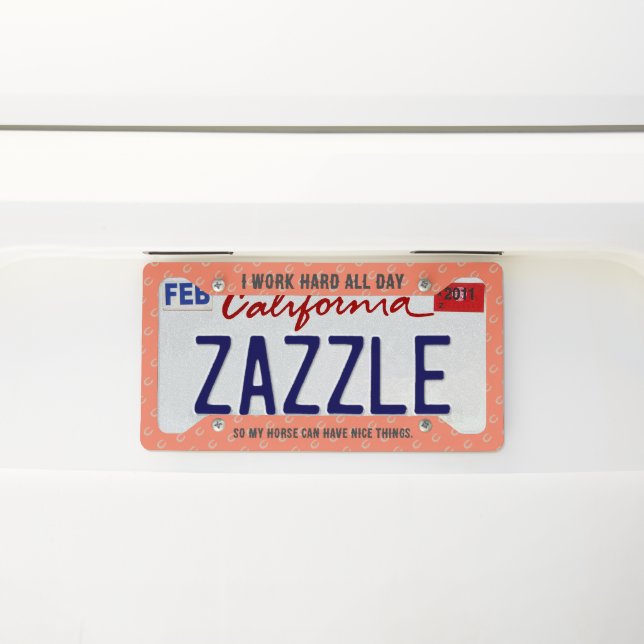 Equestrian Lucky Horse Shoe Horse Trailer License Plate Frame (On Car)