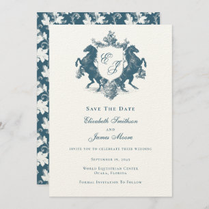 Equestrian Monogram Horses Crest Teal Blue Wedding Save The Date