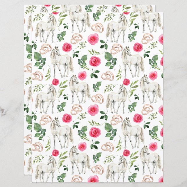 Equestrian Pink Floral Wedding Scrapbook Paper (Front/Back)