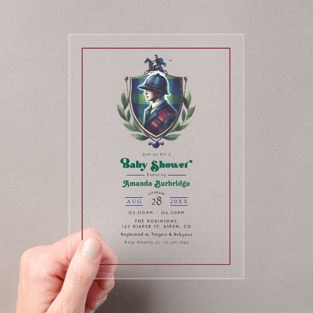 Equestrian Polo Crest Luxury Preppy Baby Shower Acrylic Invitations (Insitu (Handheld))
