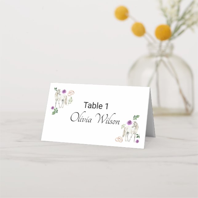 Equestrian Purple Floral Rustic Wedding Place Card (Front)