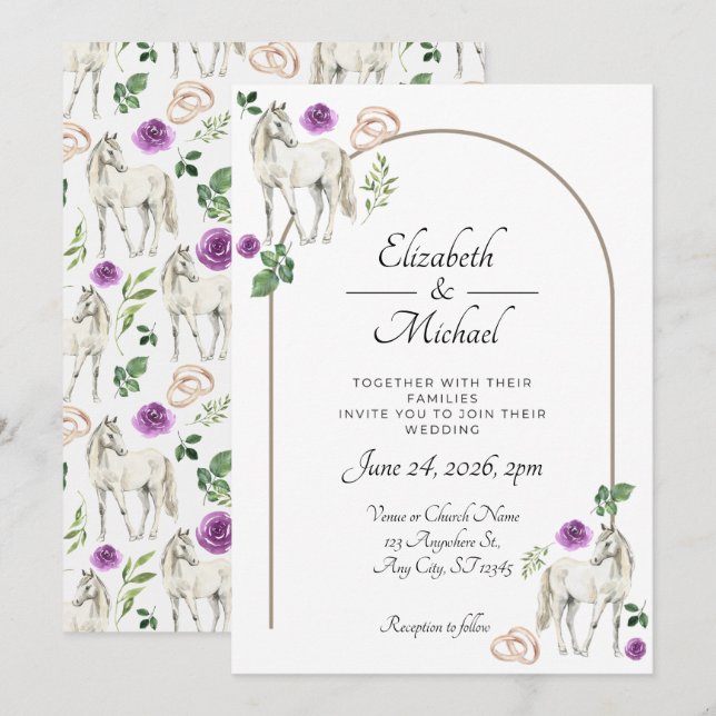 Equestrian Purple Floral Wedding Invitation  (Front/Back)