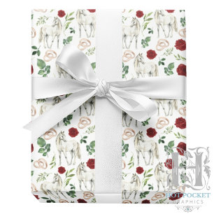 Equestrian Red Floral Wedding Gift Wrapping Paper