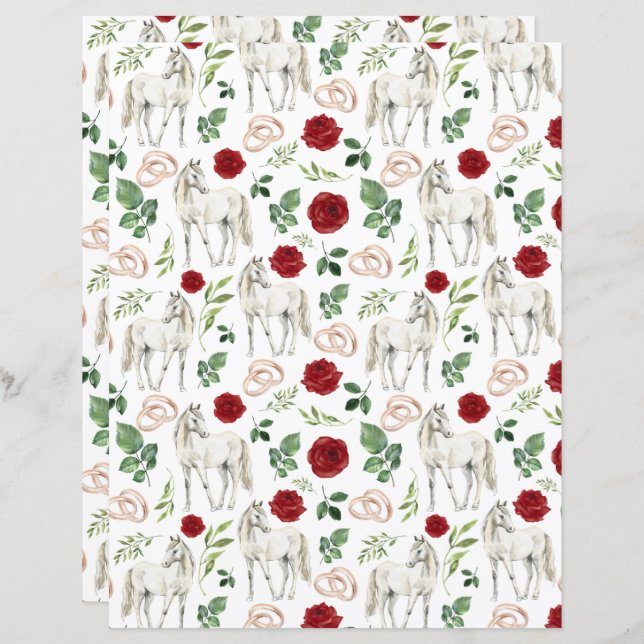 Equestrian Red Floral Wedding Scrapbook Paper (Front/Back)