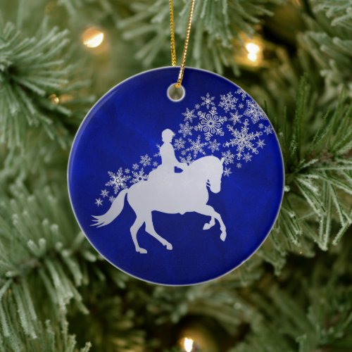 Equestrian Silver Snowflake on Royal Blue Ceramic Ornament