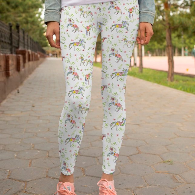 Equestrian Wildflower Floral Watercolor Horses Leggings (Creator Uploaded)