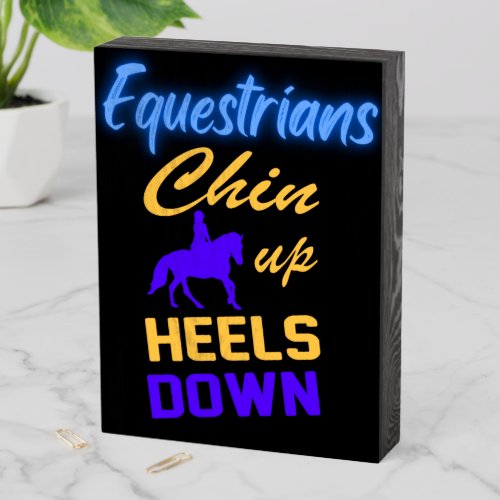 Equestrians Chin Up Heels Down in Blue Yellow  Wooden Box Sign