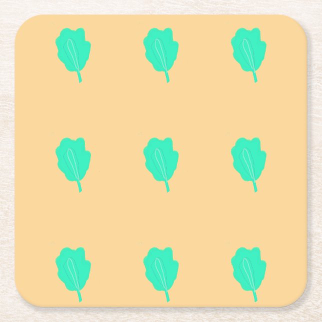 Equidistant turquoise leaf pattern square paper coaster (Front)